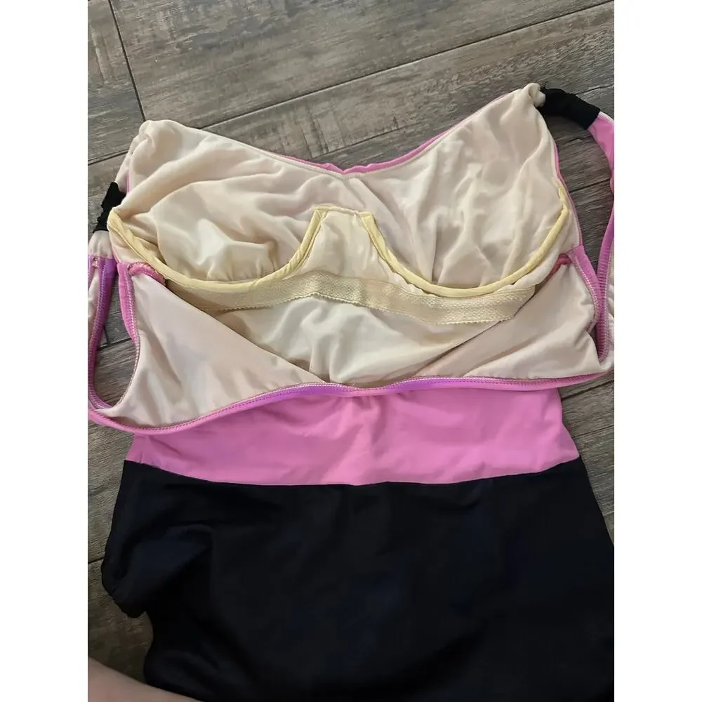 Vintage Miraclesuit One-Piece Swimsuit Size 12 Pink Black Colorblock Ruched